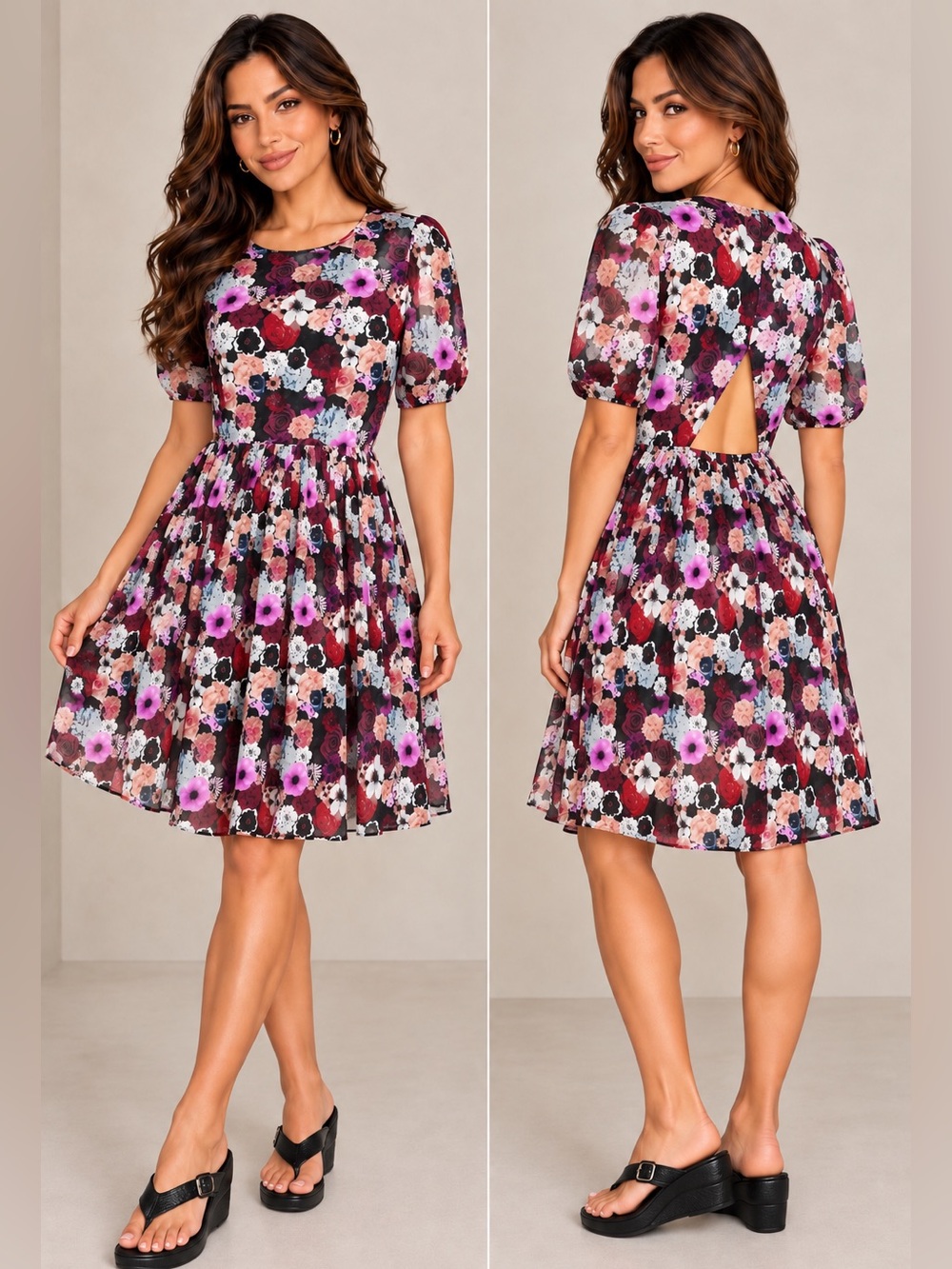 Pins & Needles Black Floral Puff-Sleeve Mini Dress with Purple Accents XS